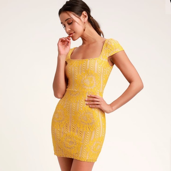 LULUS Lilian Yellow Lace Fitted Mini Dress, Size M - Picture 2 of 9